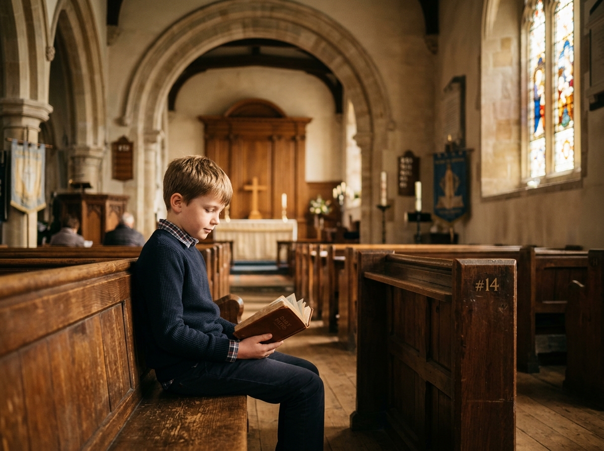 Niño leyendo en la iglesia