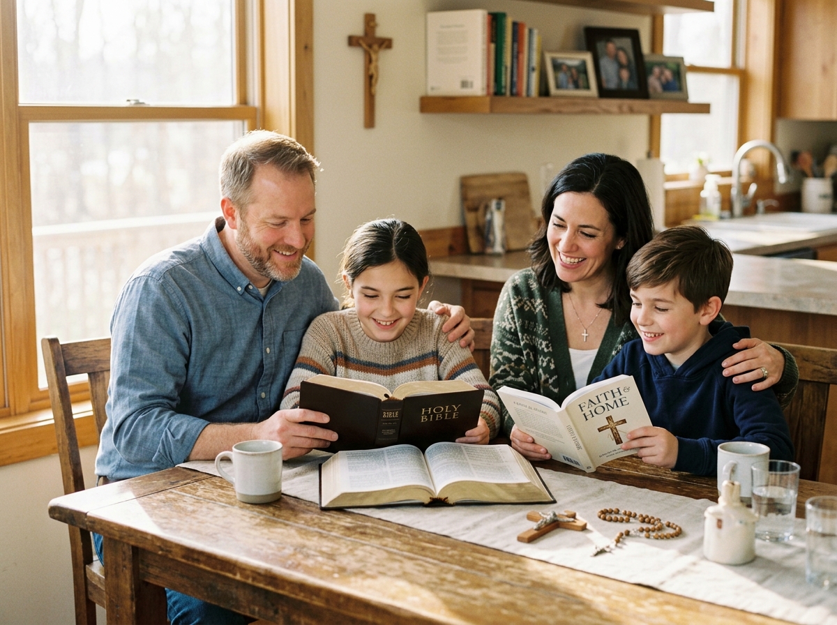 Familia católica reunida leyendo la Biblia