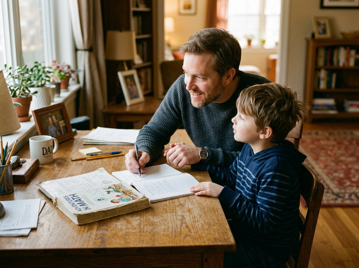 Padre e hijo conversando en escritorio